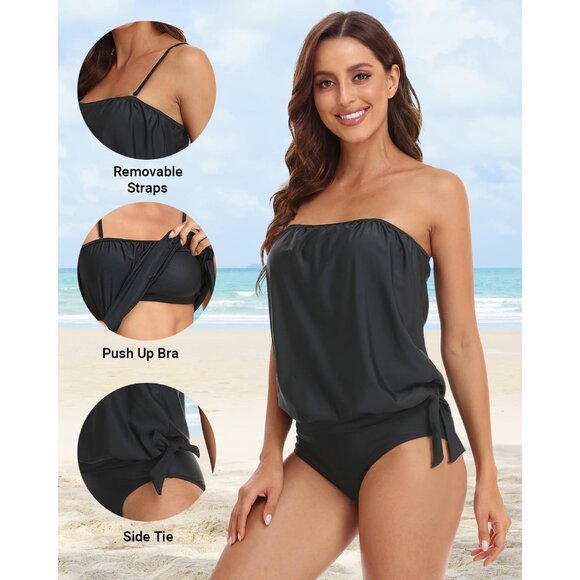 Women Swimwear Top Bandeau Blouson Tankini Support Tummy Control - Picture 2 of 5